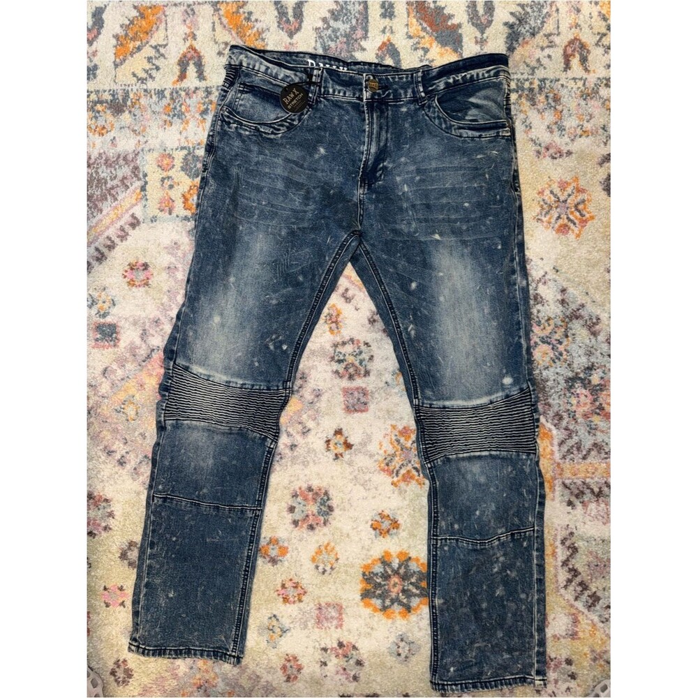 Men's Skinny Washed Navy Moto Jeans with Ribbed Knee Panels